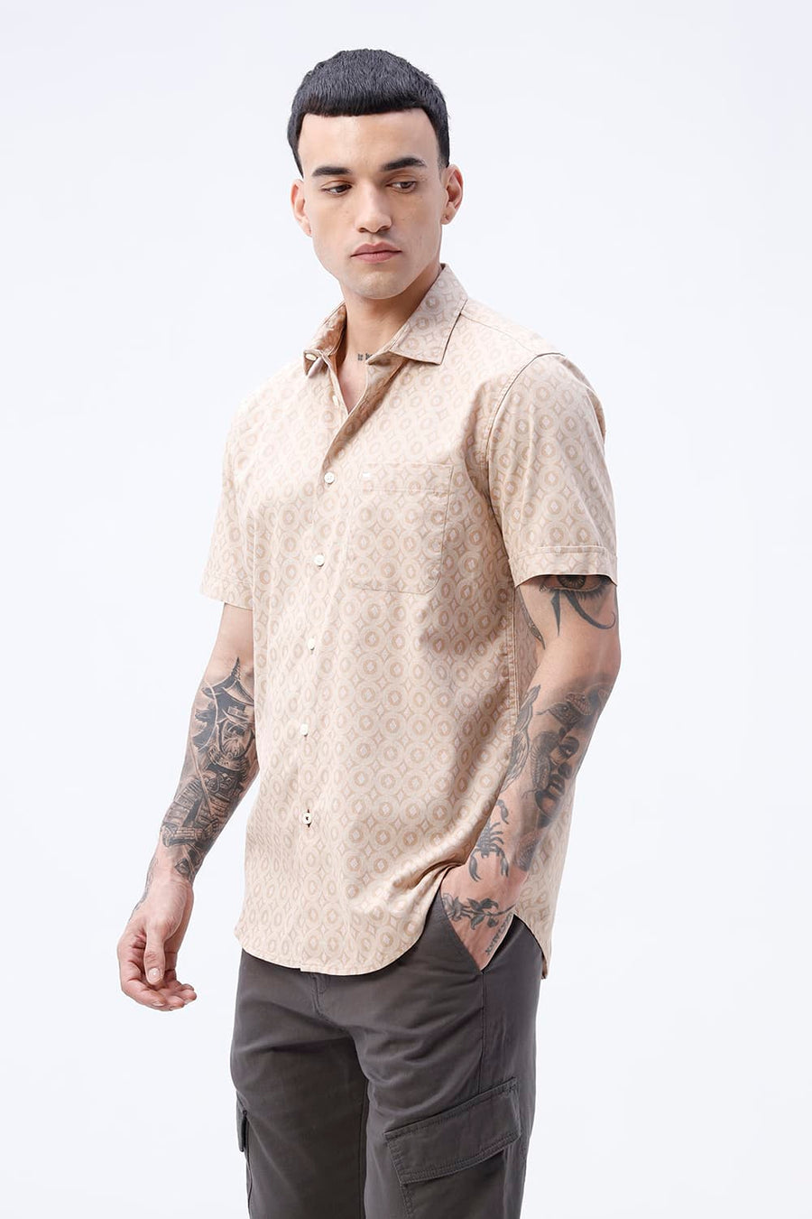 BASICS SLIM FIT NAVY COTTON VISCOSE PRINTED HALFSLEEVES SHIRT