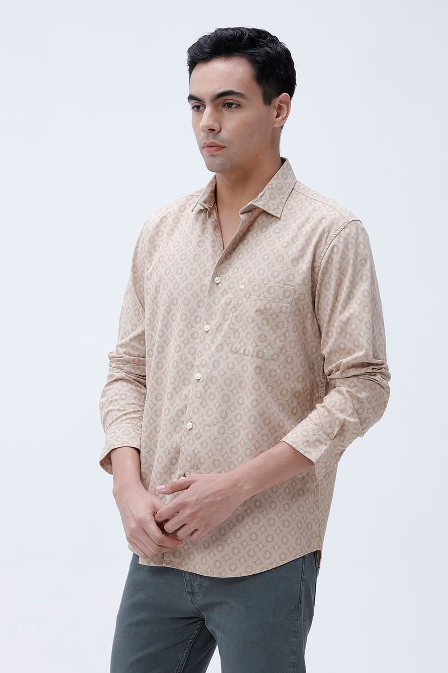 BASICS SLIM FIT NAVY COTTON VISCOSE PRINTED SHIRT