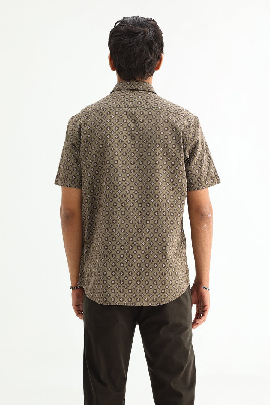 BASICS SLIM FIT BROWN COTTON VISCOSE PRINTED SHIRT
