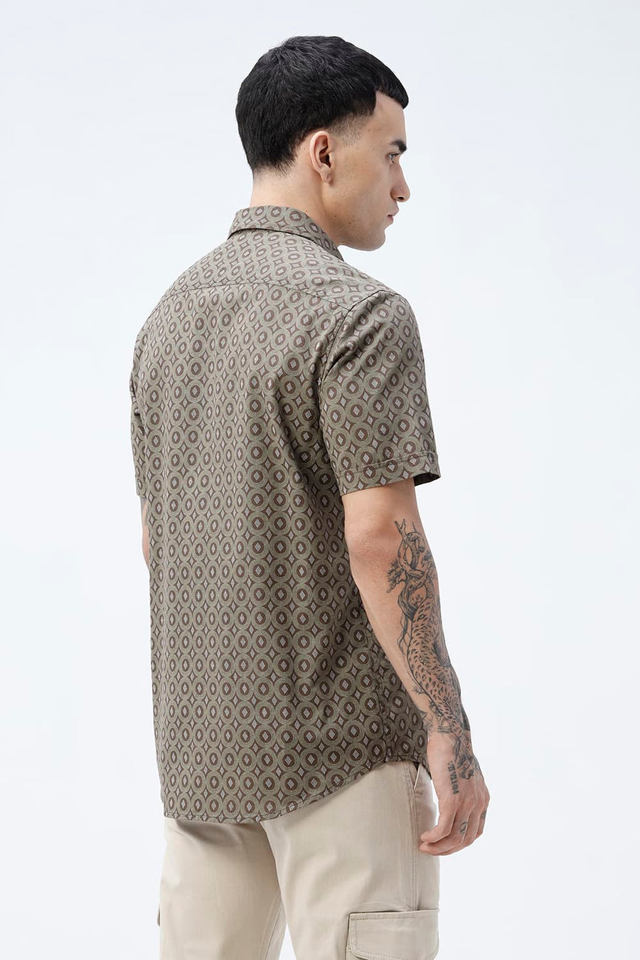 BASICS SLIM FIT BROWN COTTON VISCOSE PRINTED HALFSLEEVES SHIRT