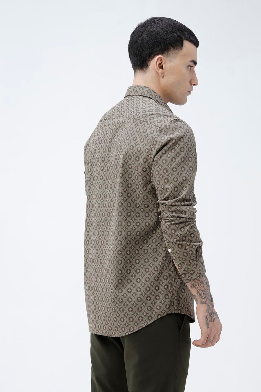 BASICS SLIM FIT BROWN COTTON VISCOSE PRINTED SHIRT