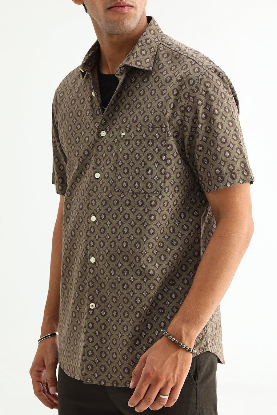 BASICS SLIM FIT BROWN COTTON VISCOSE PRINTED SHIRT