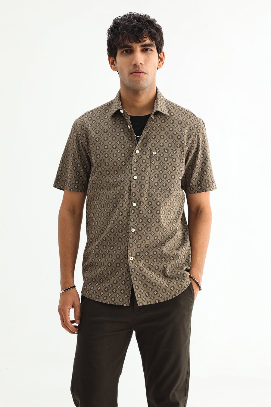 BASICS SLIM FIT BROWN COTTON VISCOSE PRINTED SHIRT