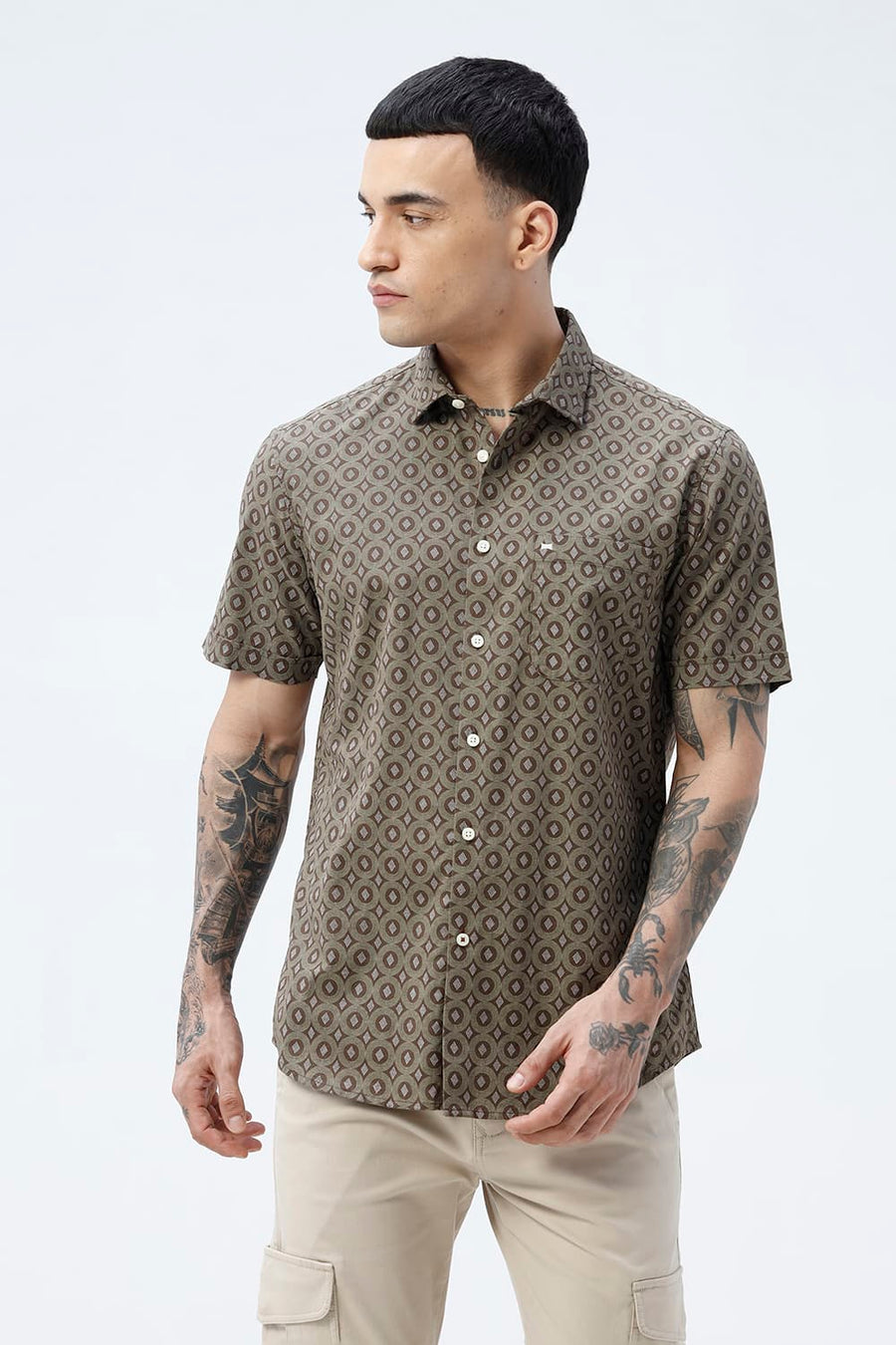 BASICS SLIM FIT BROWN COTTON VISCOSE PRINTED HALFSLEEVES SHIRT