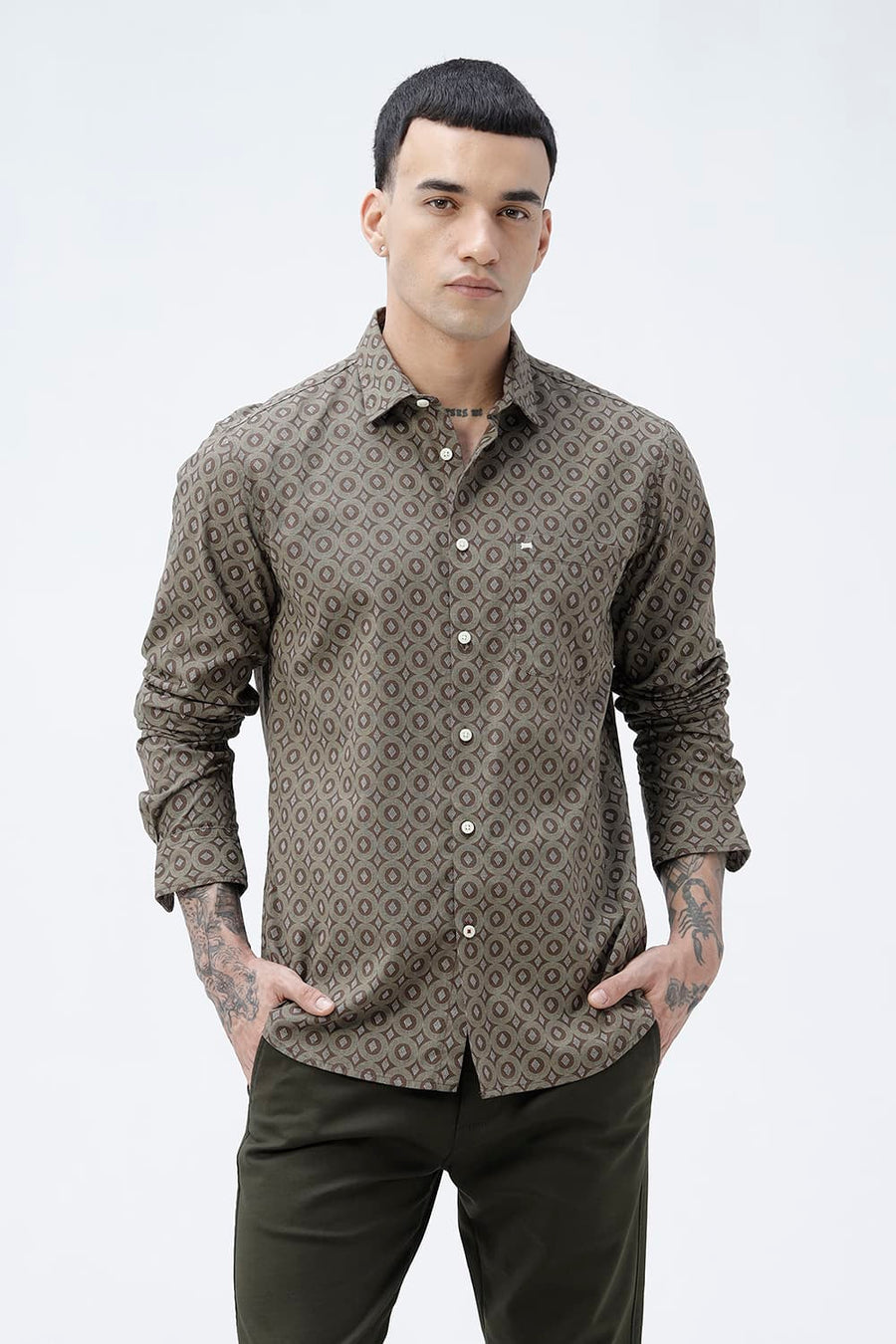 BASICS SLIM FIT BROWN COTTON VISCOSE PRINTED SHIRT