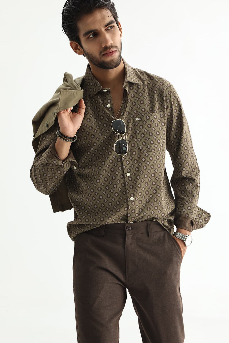 BASICS SLIM FIT BROWN COTTON VISCOSE PRINTED SHIRT