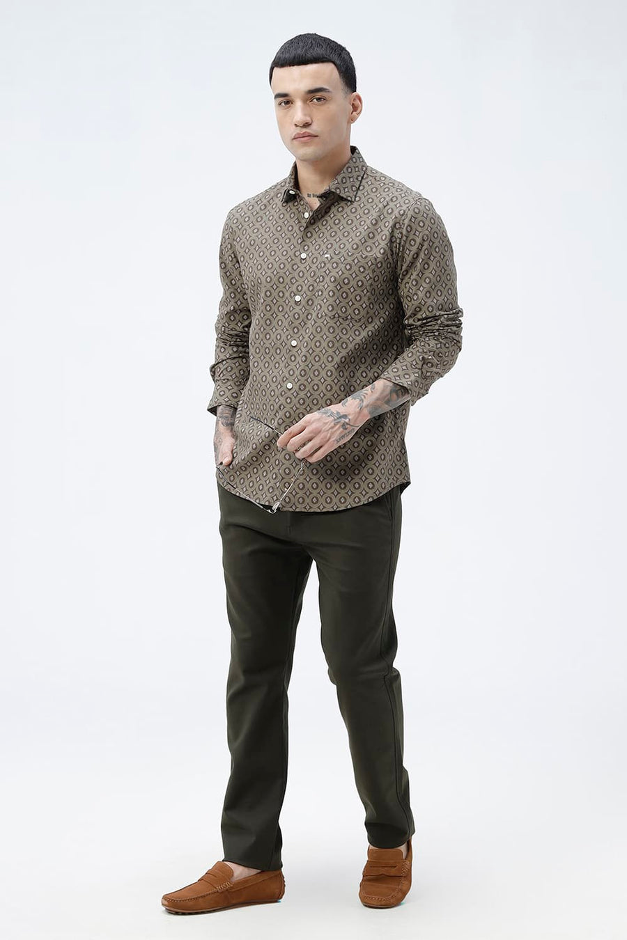 BASICS SLIM FIT BROWN COTTON VISCOSE PRINTED SHIRT