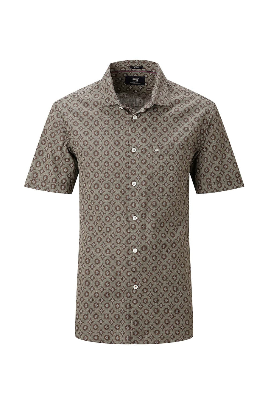 BASICS SLIM FIT BROWN COTTON VISCOSE PRINTED HALFSLEEVES SHIRT