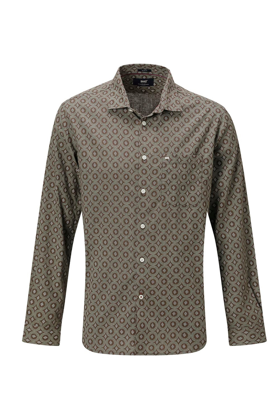 BASICS SLIM FIT BROWN COTTON VISCOSE PRINTED SHIRT