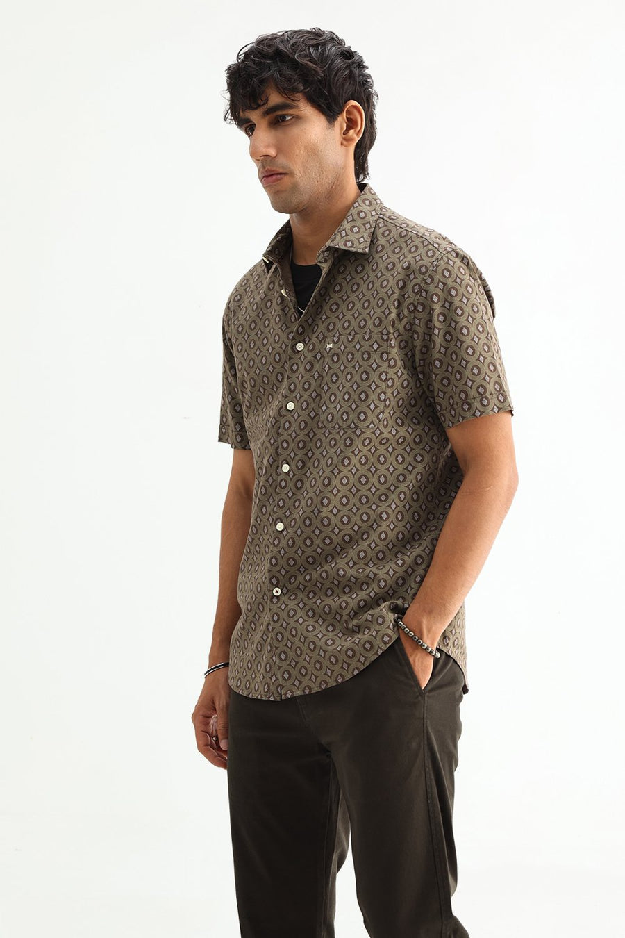 BASICS SLIM FIT BROWN COTTON VISCOSE PRINTED SHIRT