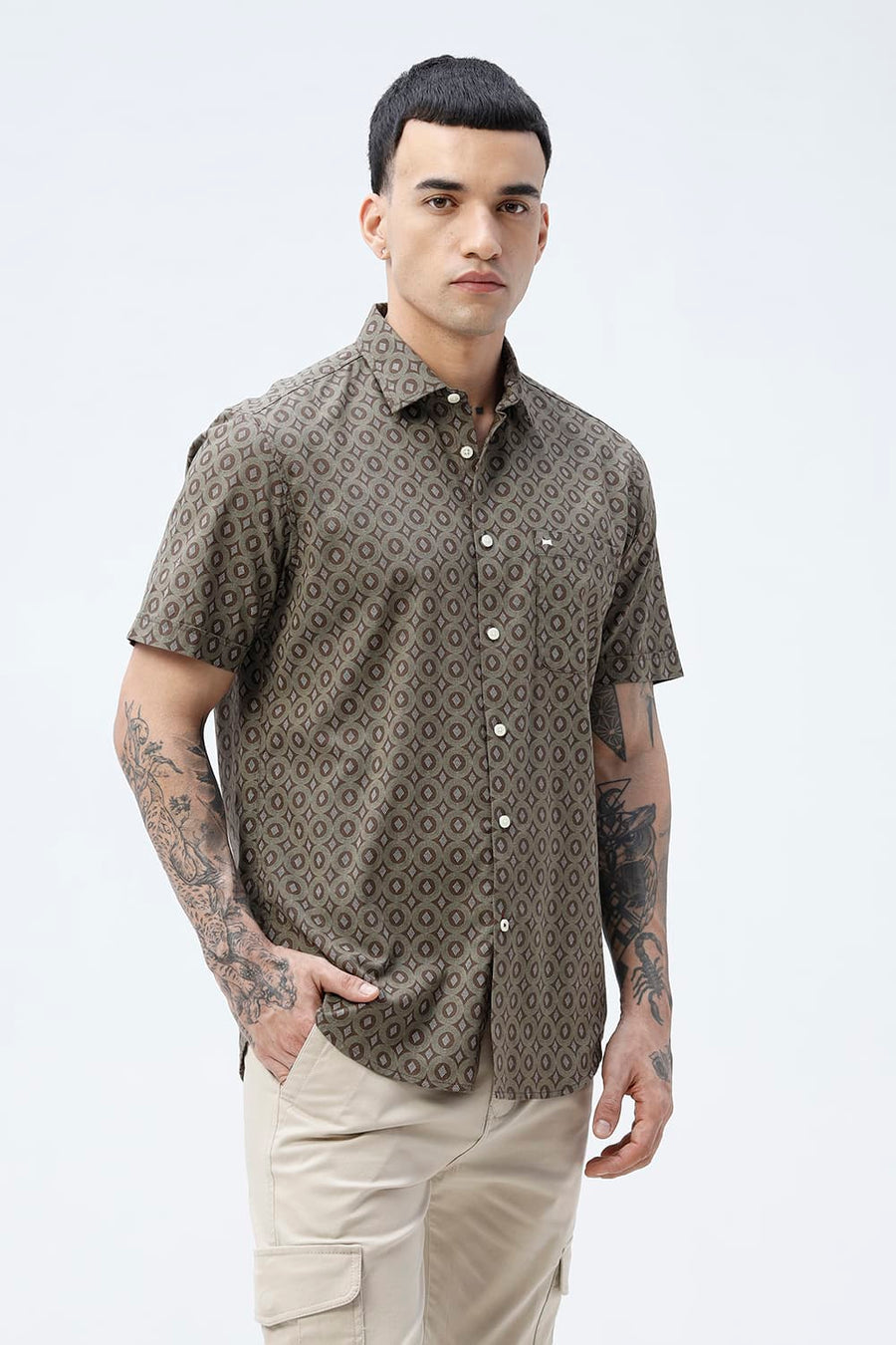 BASICS SLIM FIT BROWN COTTON VISCOSE PRINTED HALFSLEEVES SHIRT