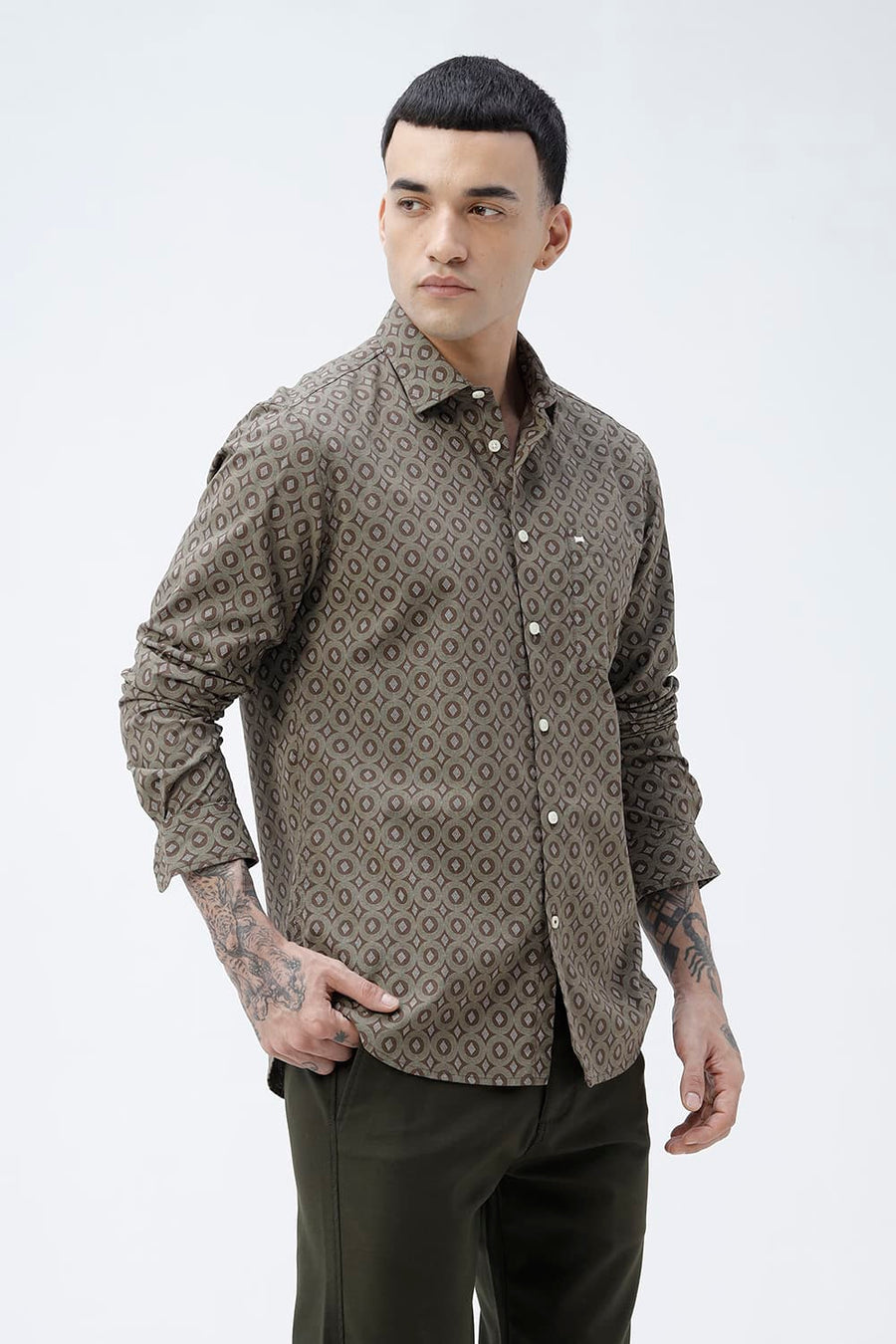 BASICS SLIM FIT BROWN COTTON VISCOSE PRINTED SHIRT