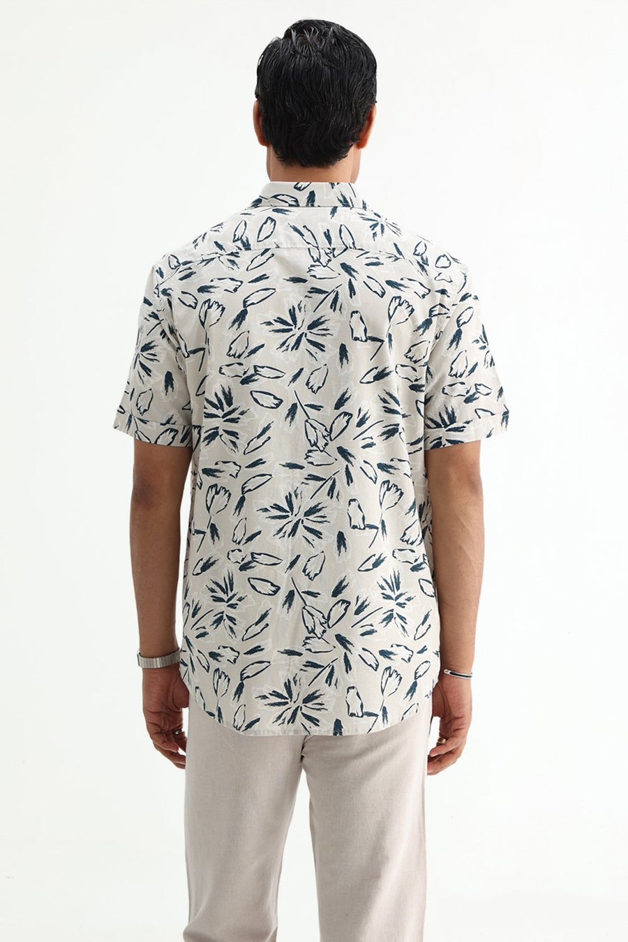 BASICS SLIM FIT GREEN COTTON LINEN PRINTED SHIRT