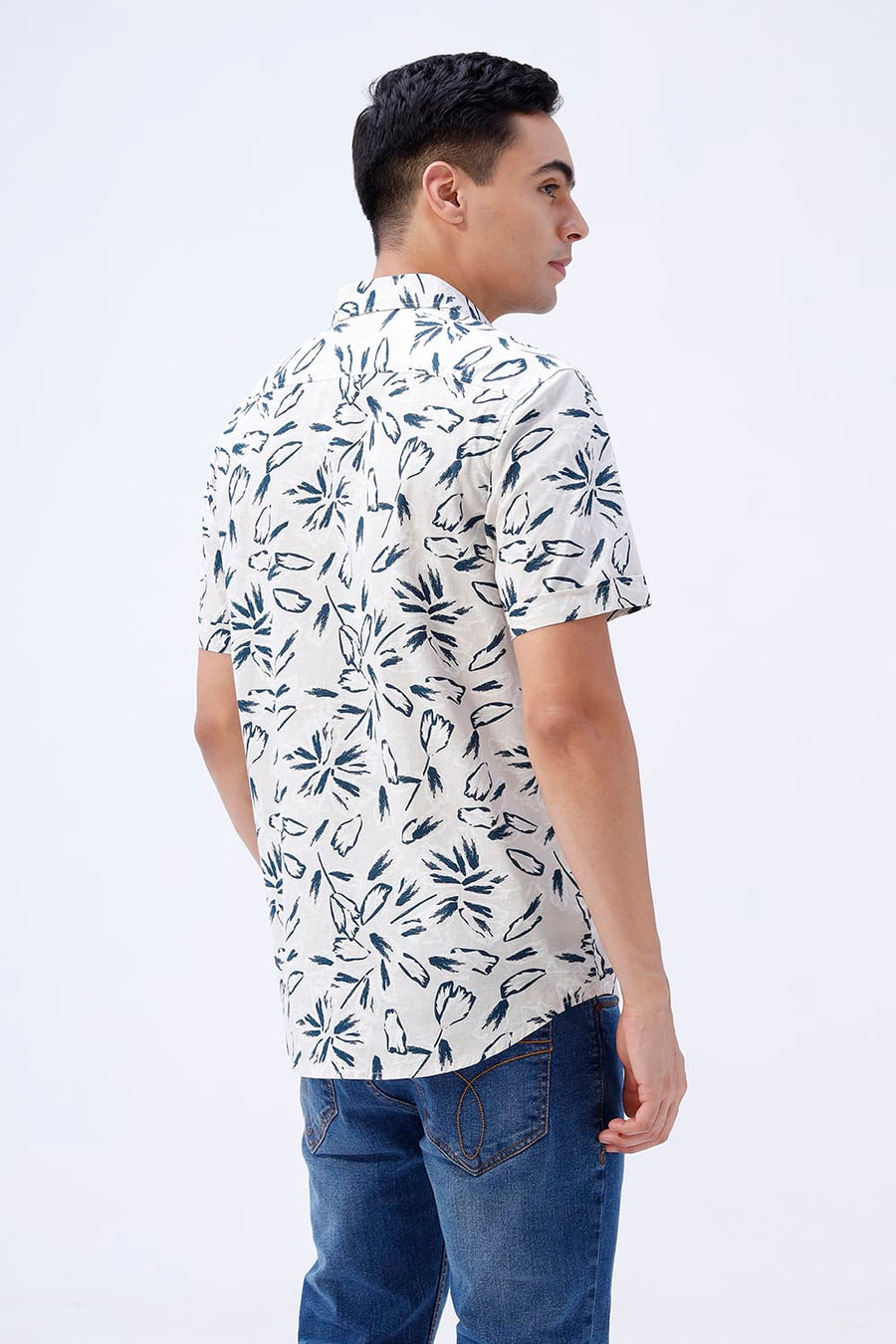 BASICS SLIM FIT GREEN COTTON LINEN PRINTED HALFSLEEVES SHIRT