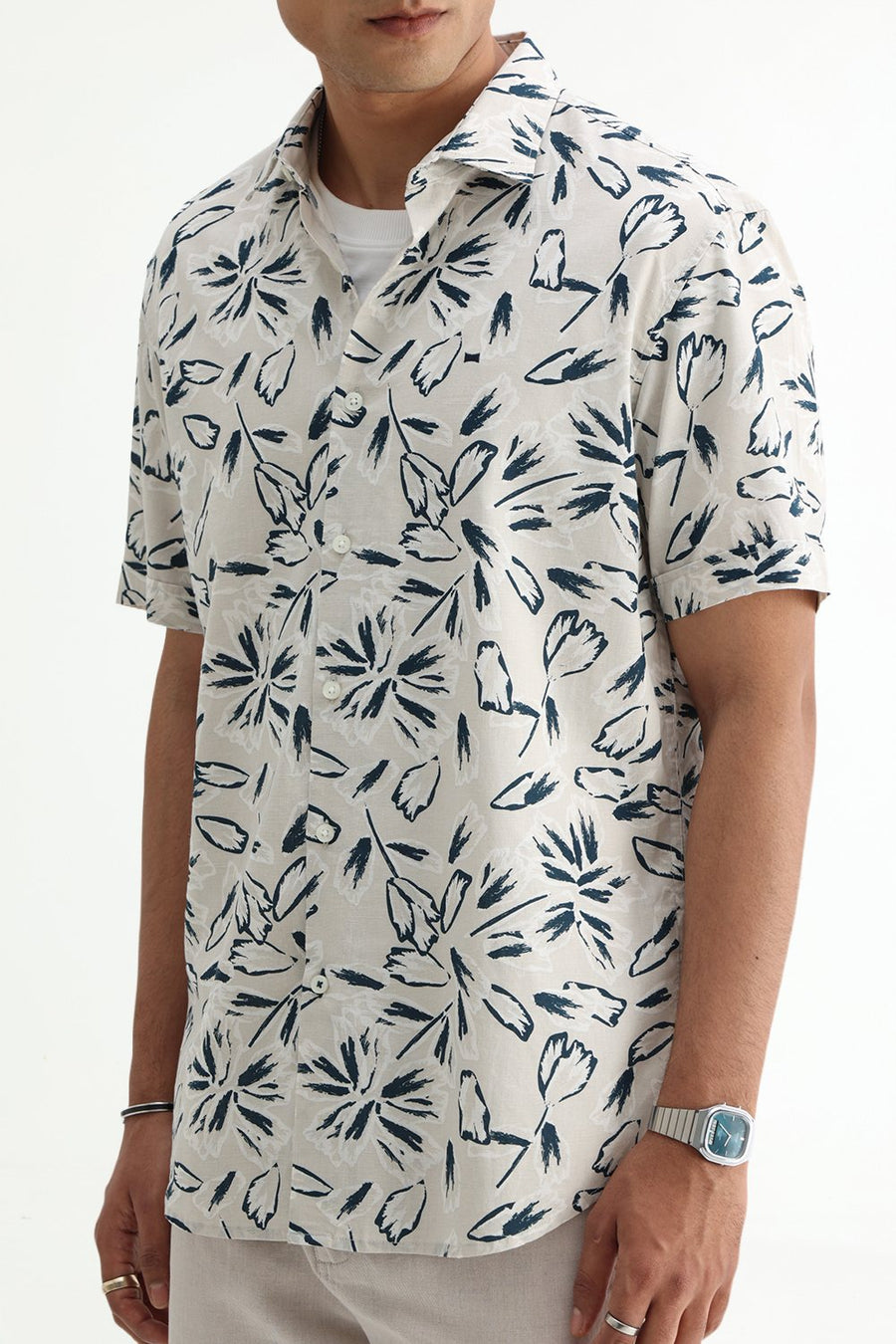 BASICS SLIM FIT GREEN COTTON LINEN PRINTED SHIRT