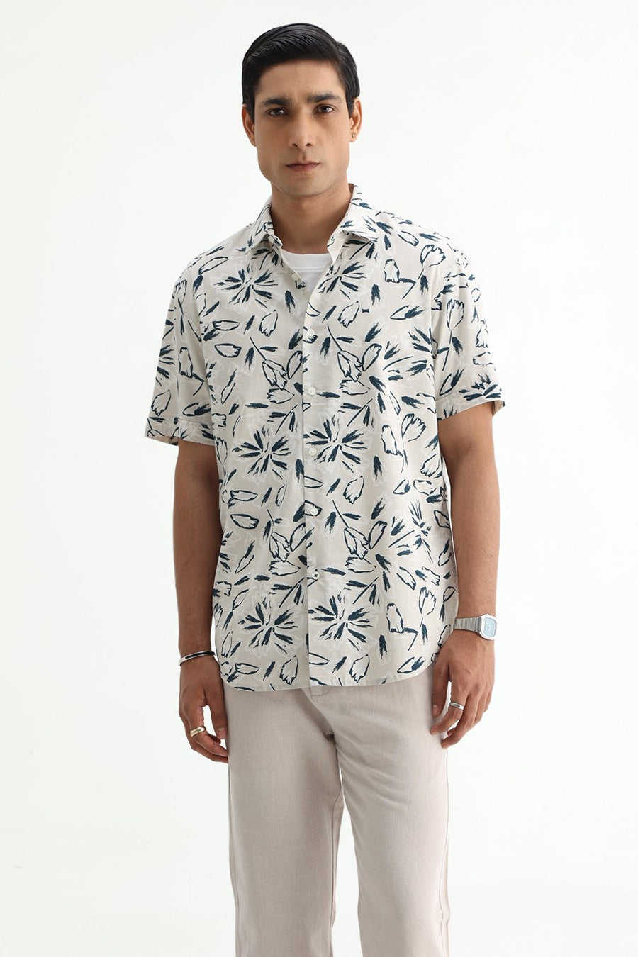 BASICS SLIM FIT GREEN COTTON LINEN PRINTED SHIRT