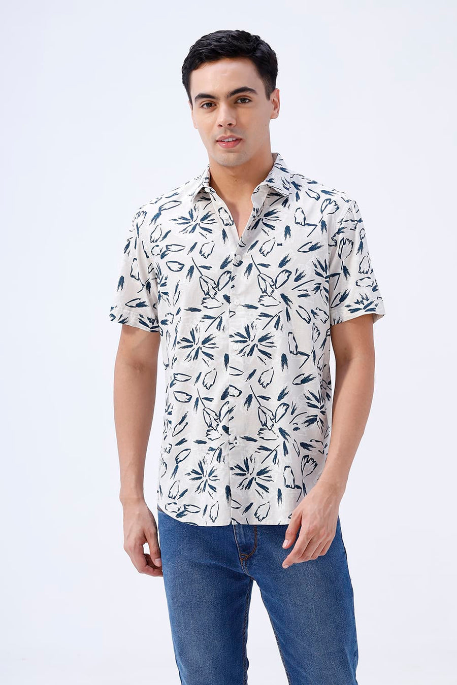 BASICS SLIM FIT GREEN COTTON LINEN PRINTED HALFSLEEVES SHIRT