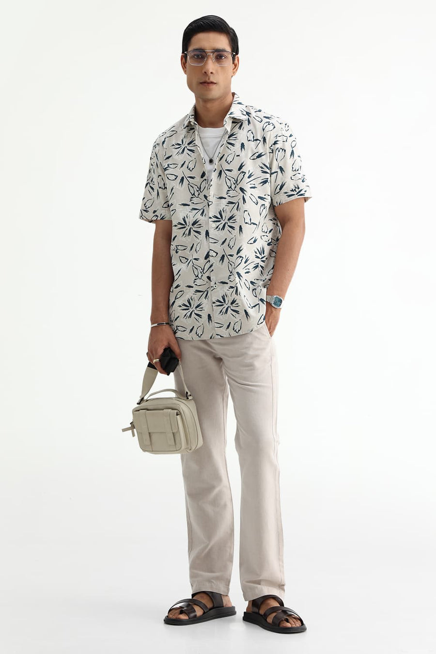 BASICS SLIM FIT GREEN COTTON LINEN PRINTED SHIRT