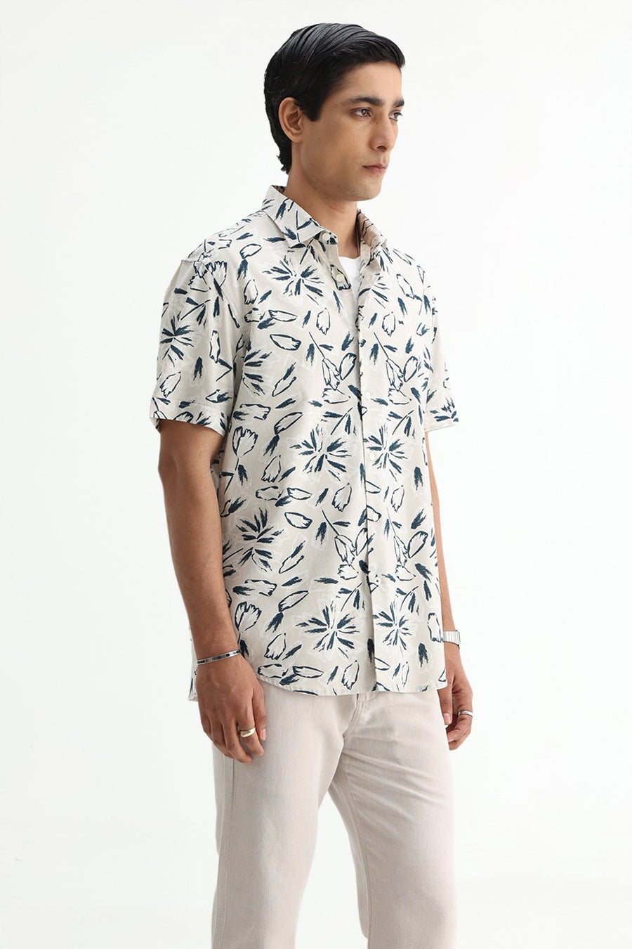 BASICS SLIM FIT GREEN COTTON LINEN PRINTED SHIRT