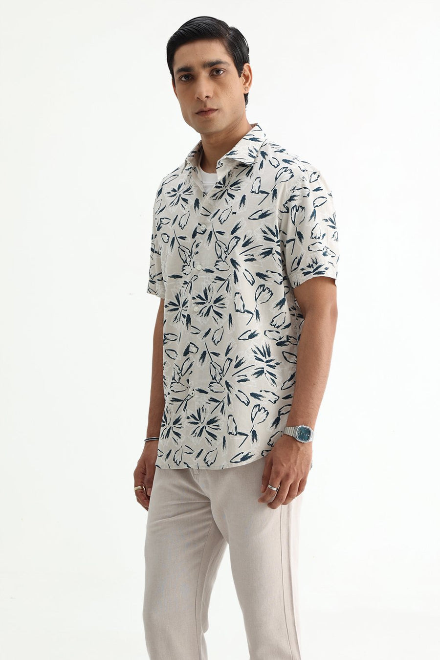BASICS SLIM FIT GREEN COTTON LINEN PRINTED SHIRT