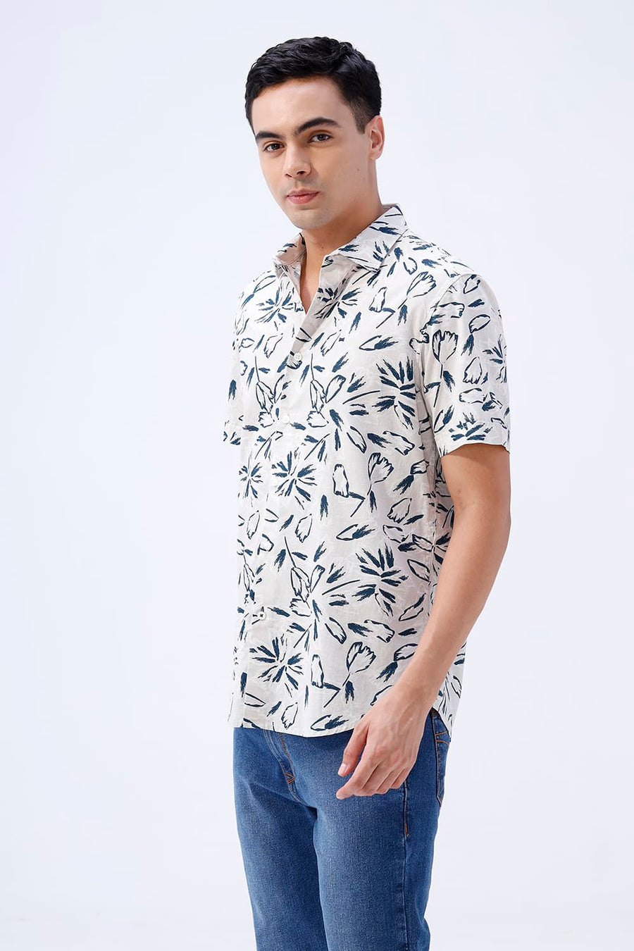 BASICS SLIM FIT GREEN COTTON LINEN PRINTED HALFSLEEVES SHIRT