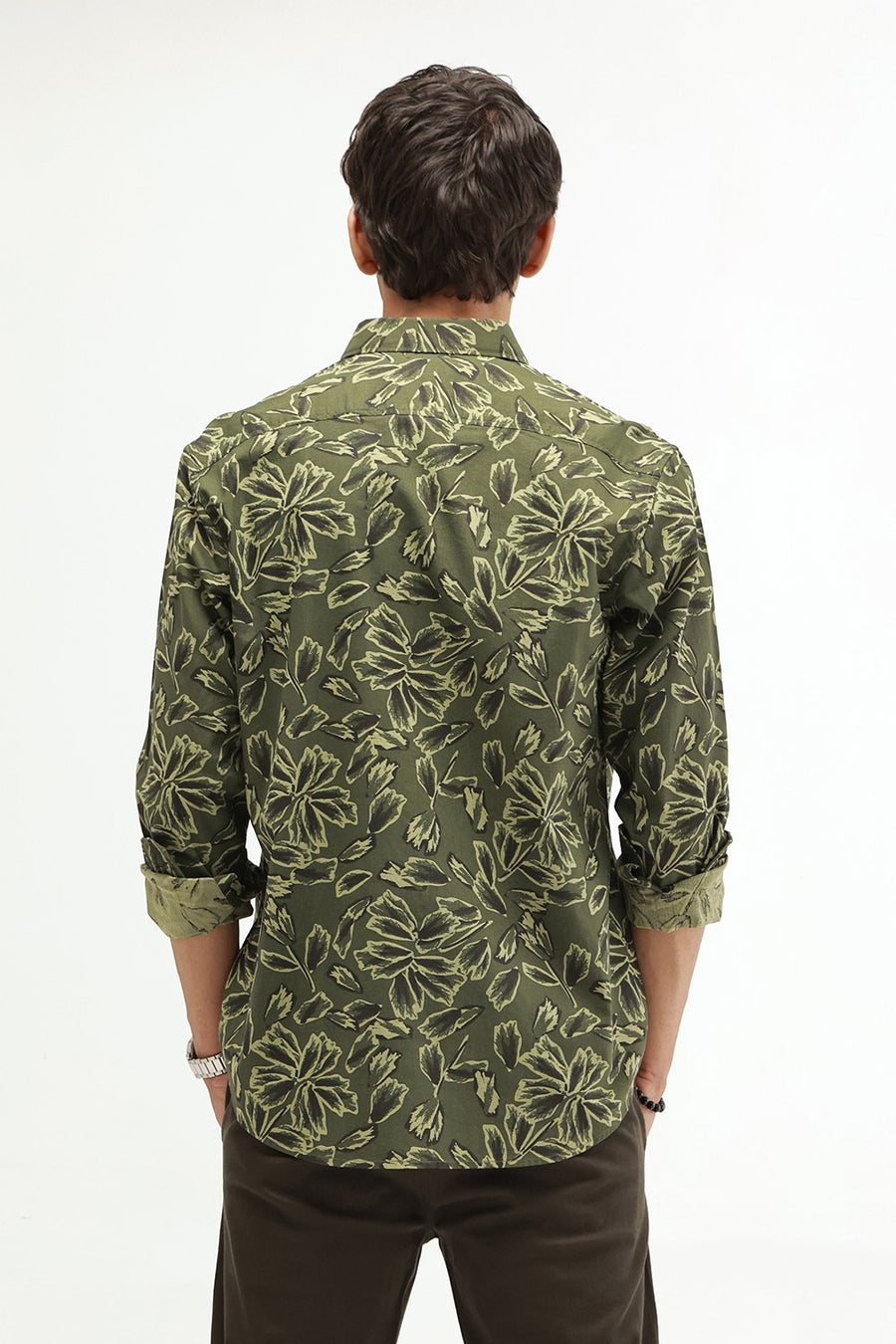BASICS SLIM FIT BEIGE COTTON LINEN PRINTED SHIRT