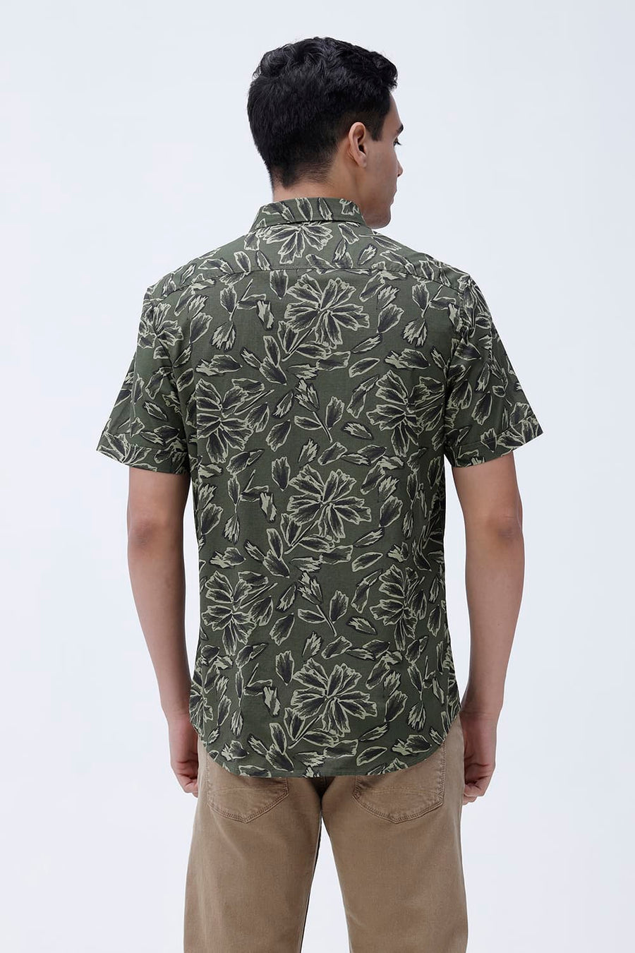 BASICS SLIM FIT BEIGE COTTON LINEN PRINTED HALFSLEEVES SHIRT