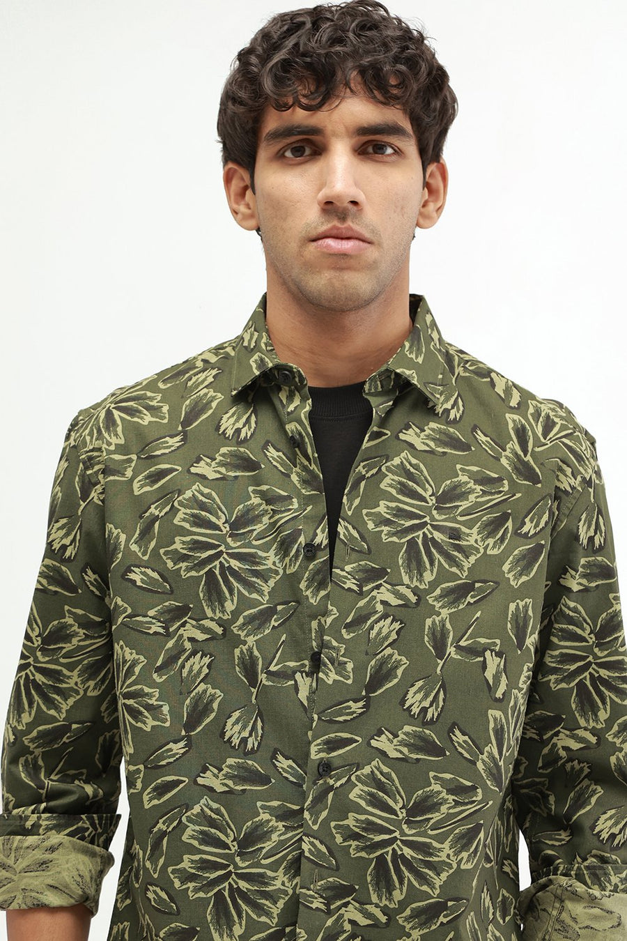 BASICS SLIM FIT BEIGE COTTON LINEN PRINTED SHIRT