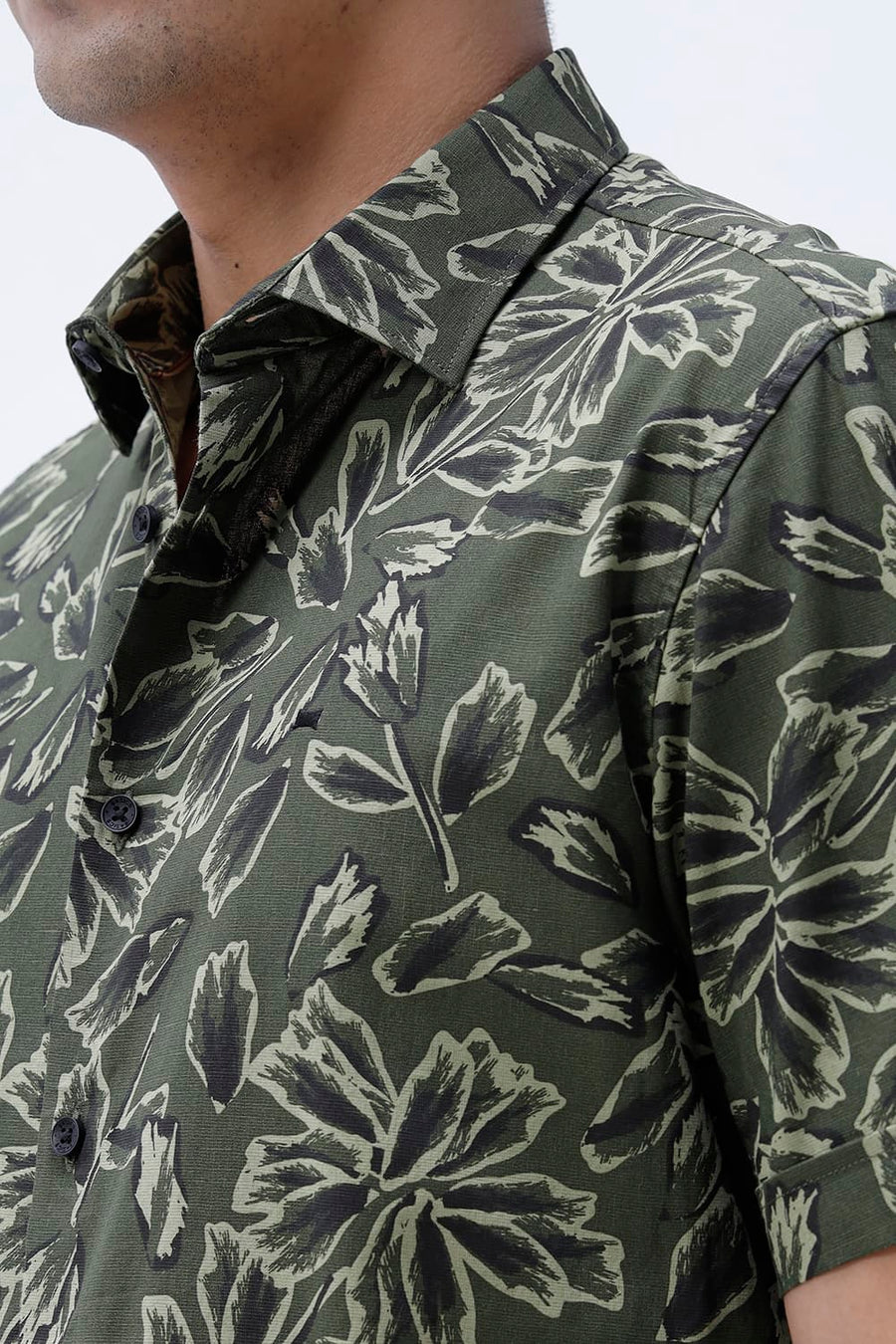 BASICS SLIM FIT BEIGE COTTON LINEN PRINTED HALFSLEEVES SHIRT