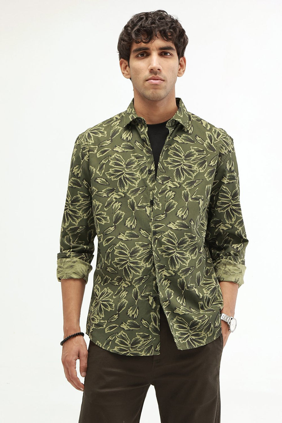 BASICS SLIM FIT BEIGE COTTON LINEN PRINTED SHIRT