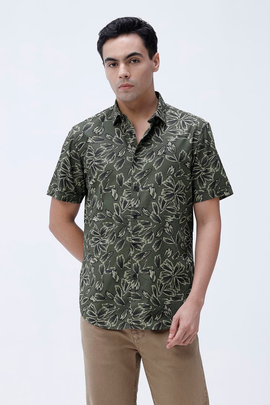BASICS SLIM FIT BEIGE COTTON LINEN PRINTED HALFSLEEVES SHIRT