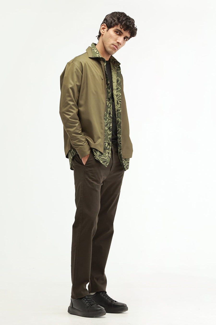 BASICS SLIM FIT BEIGE COTTON LINEN PRINTED SHIRT