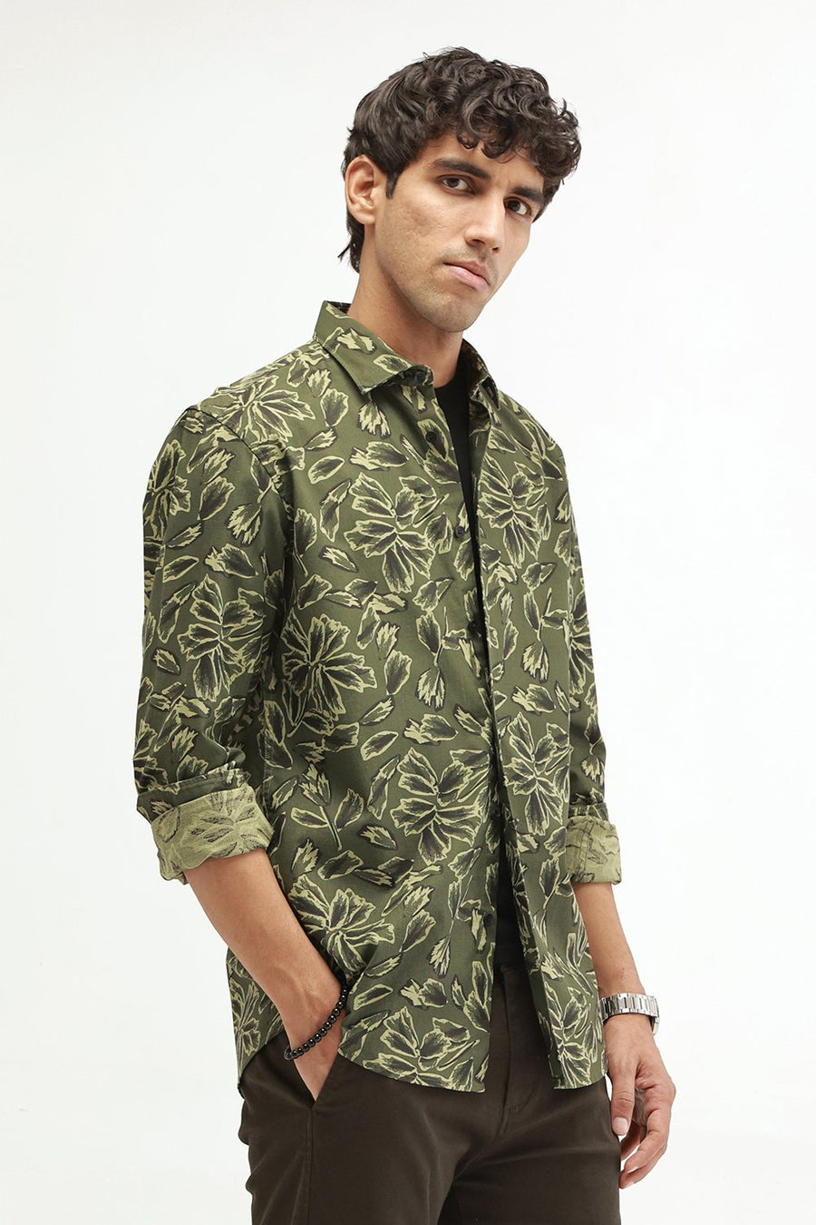 BASICS SLIM FIT BEIGE COTTON LINEN PRINTED SHIRT