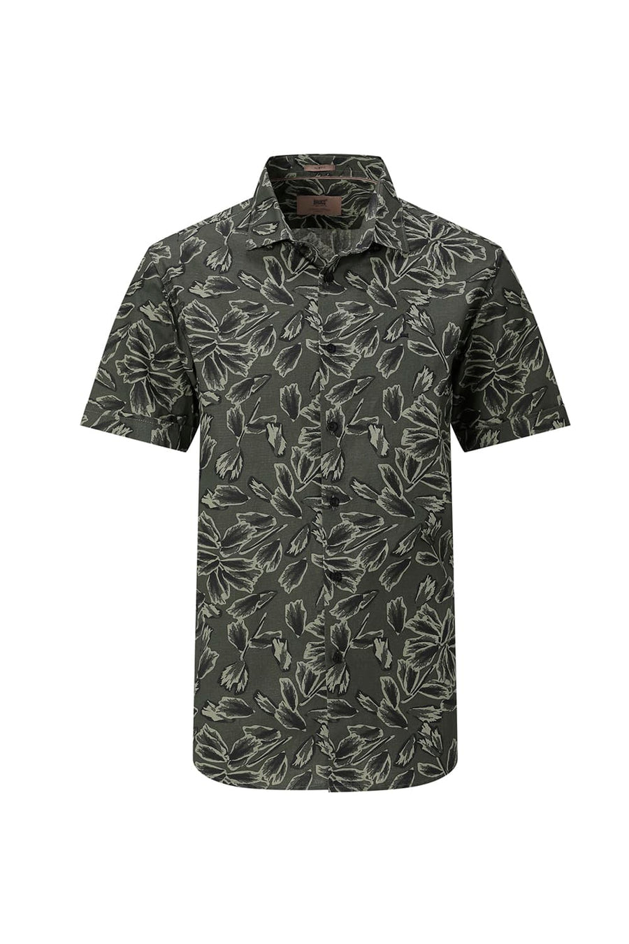 BASICS SLIM FIT BEIGE COTTON LINEN PRINTED HALFSLEEVES SHIRT