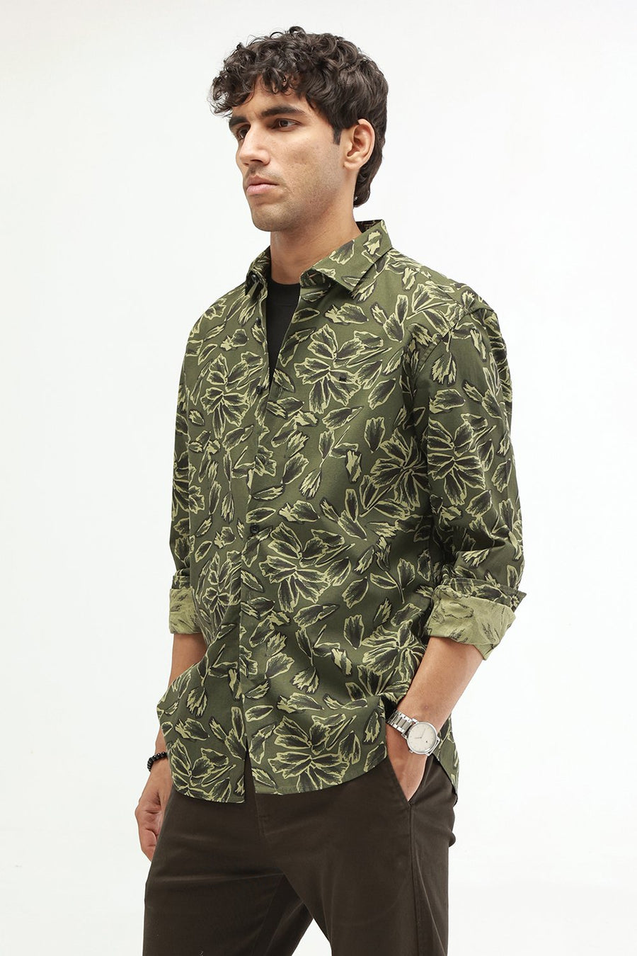 BASICS SLIM FIT BEIGE COTTON LINEN PRINTED SHIRT