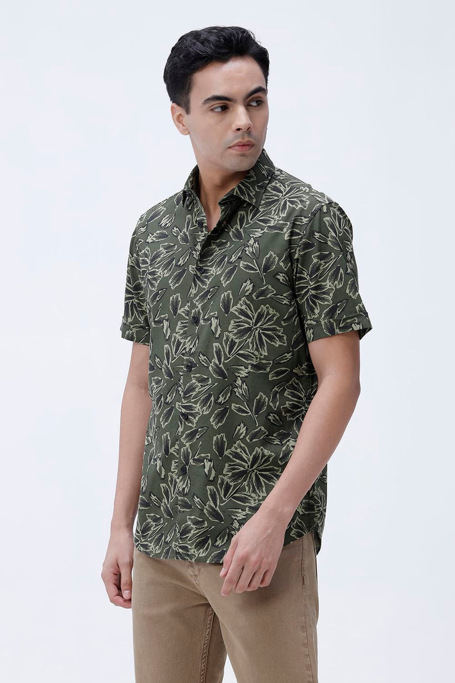 BASICS SLIM FIT BEIGE COTTON LINEN PRINTED HALFSLEEVES SHIRT