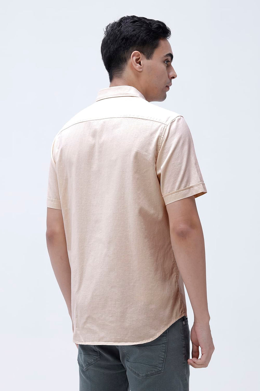 BASICS SLIM FIT WHITE COTTON LINEN HALFSLEEVES SHIRT