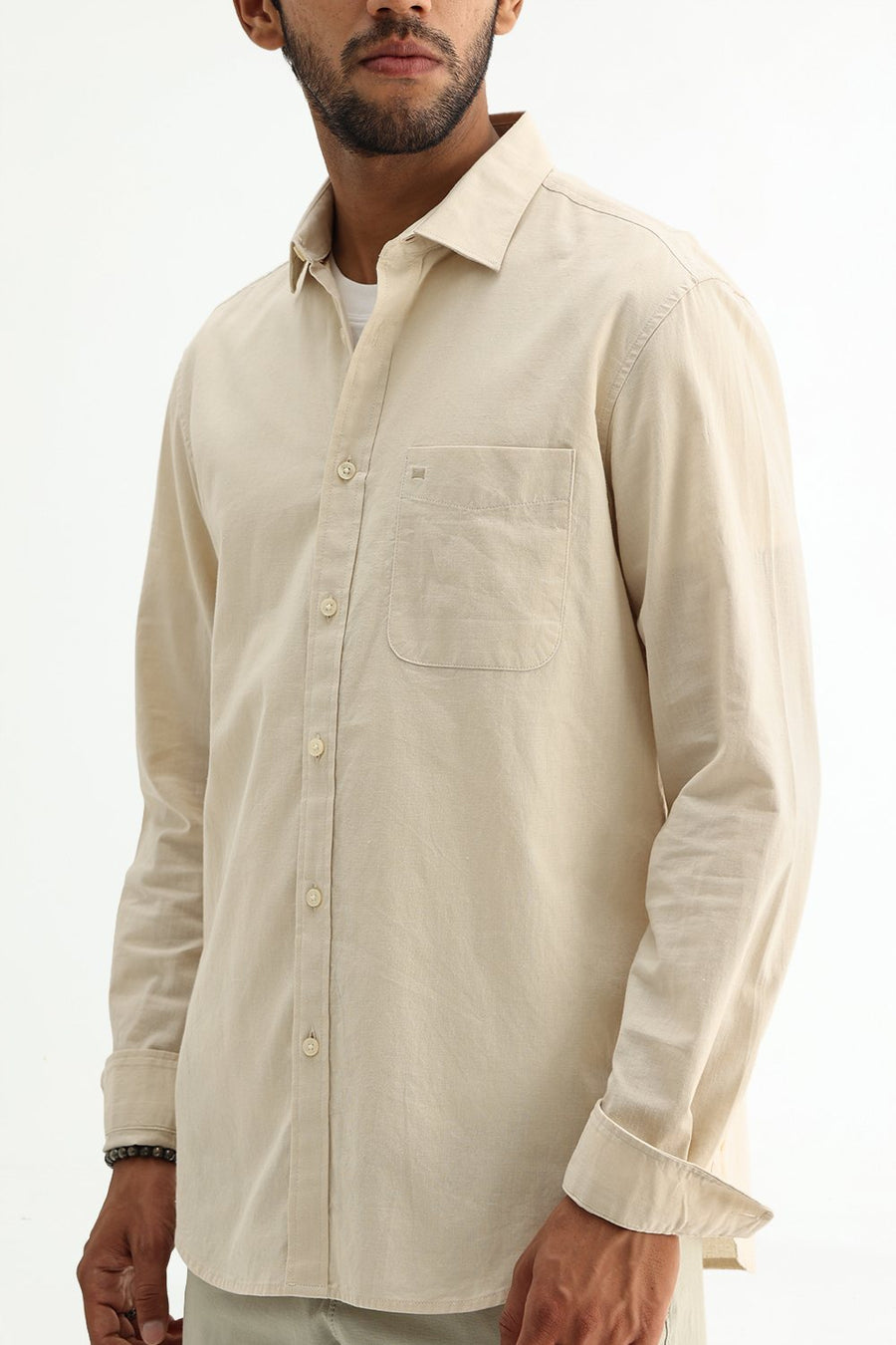 BASICS SLIM FIT WHITE COTTON LINEN SHIRT