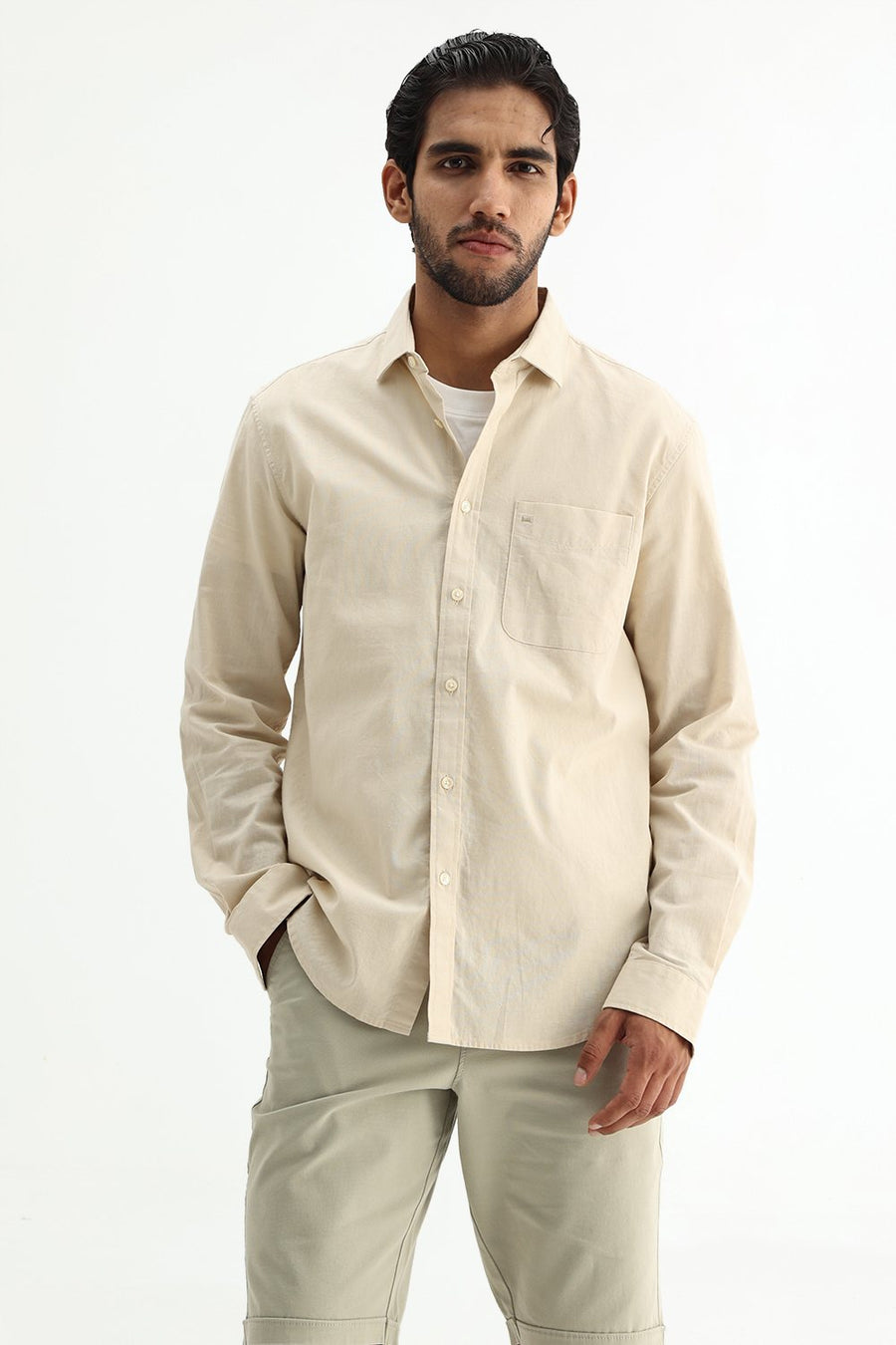 BASICS SLIM FIT WHITE COTTON LINEN SHIRT
