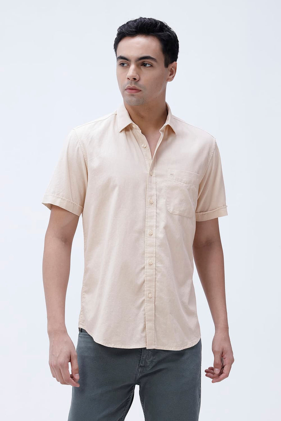 BASICS SLIM FIT WHITE COTTON LINEN HALFSLEEVES SHIRT