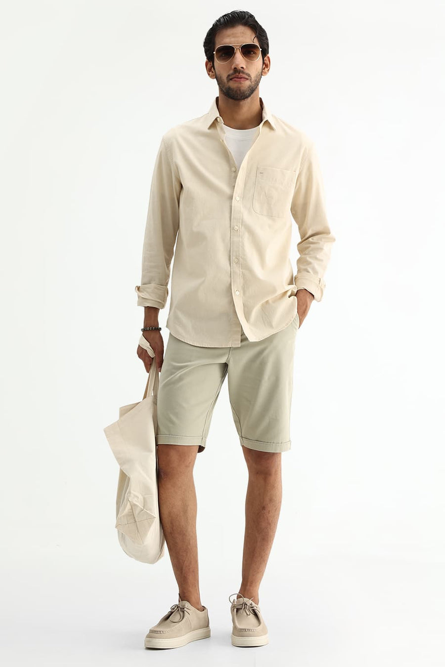 BASICS SLIM FIT WHITE COTTON LINEN SHIRT