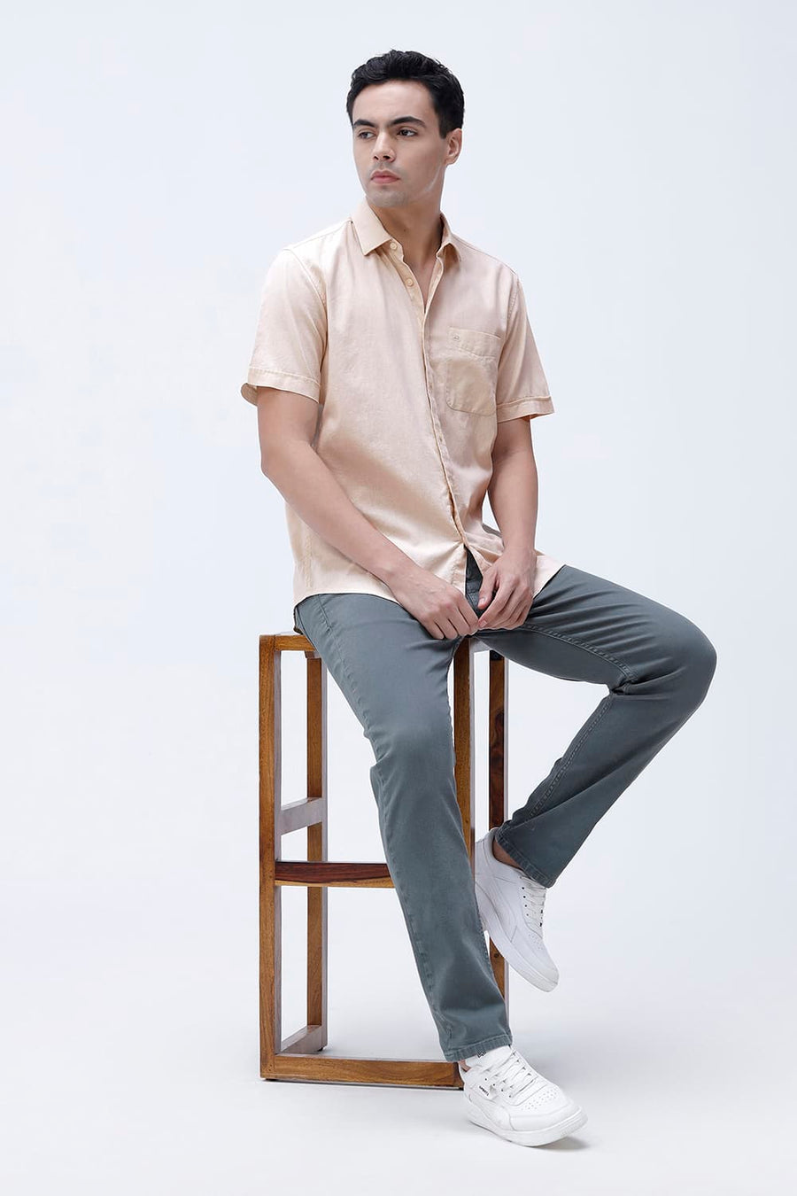 BASICS SLIM FIT WHITE COTTON LINEN HALFSLEEVES SHIRT
