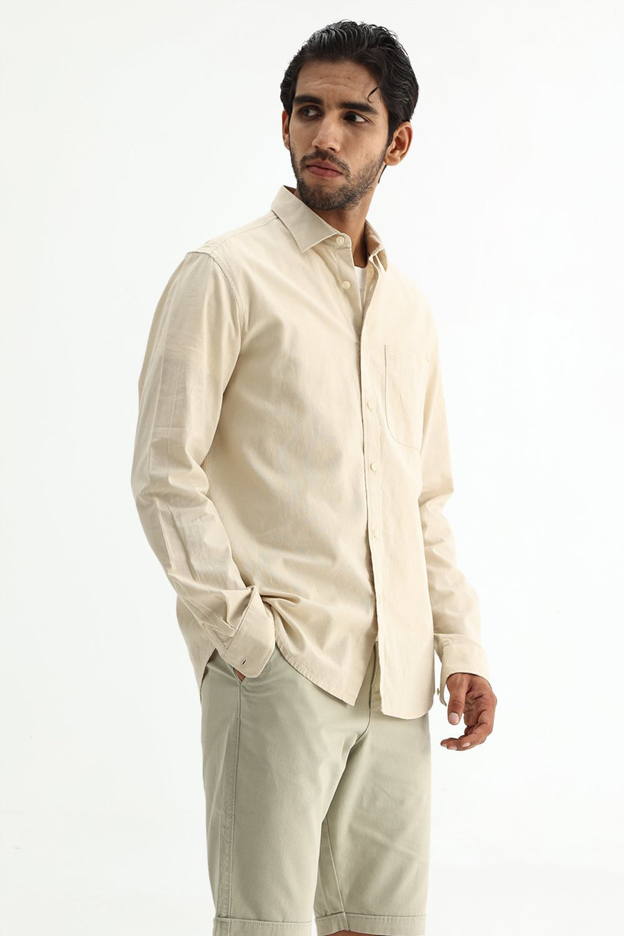 BASICS SLIM FIT WHITE COTTON LINEN SHIRT