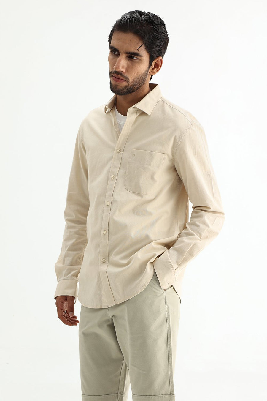 BASICS SLIM FIT WHITE COTTON LINEN SHIRT