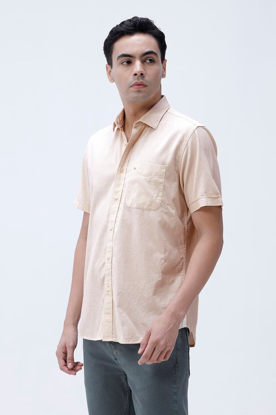 BASICS SLIM FIT WHITE COTTON LINEN HALFSLEEVES SHIRT