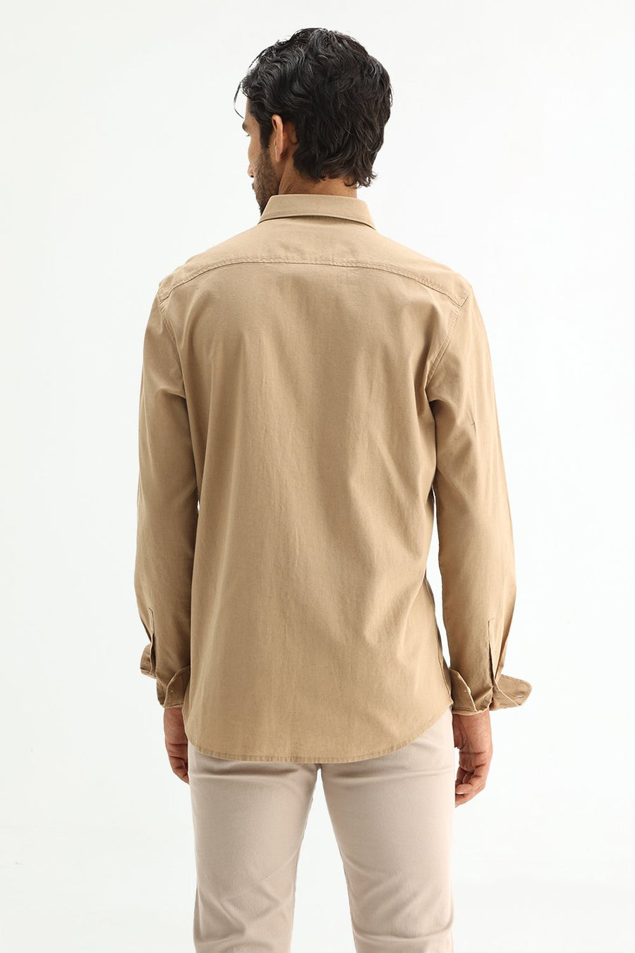 BASICS SLIM FIT BLUE COTTON LINEN SHIRT