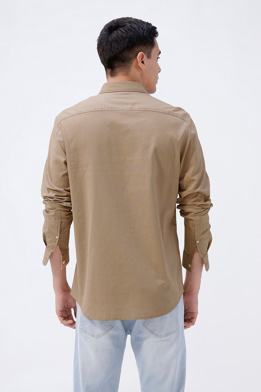 BASICS SLIM FIT BLUE COTTON LINEN SHIRT