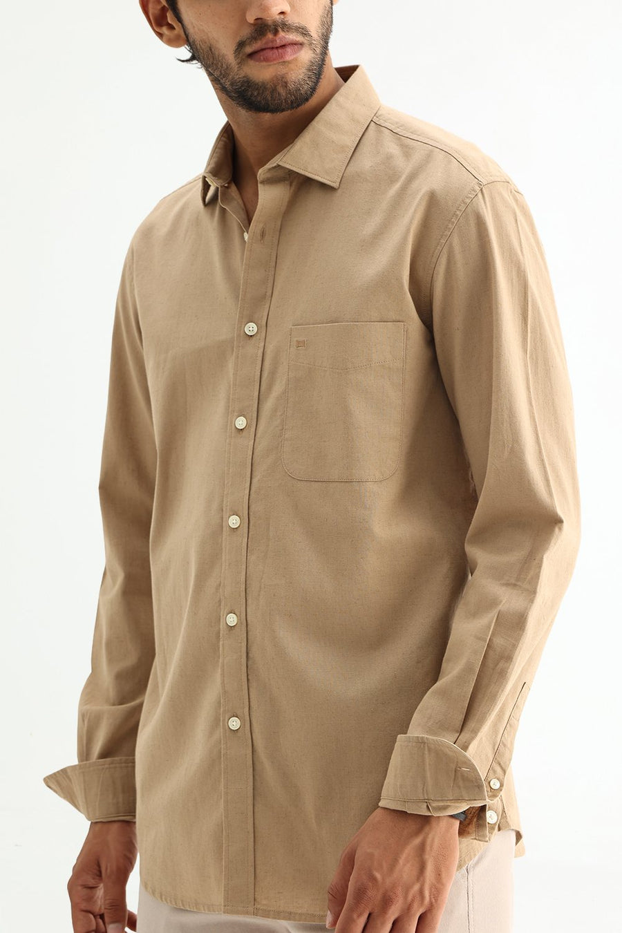 BASICS SLIM FIT BLUE COTTON LINEN SHIRT