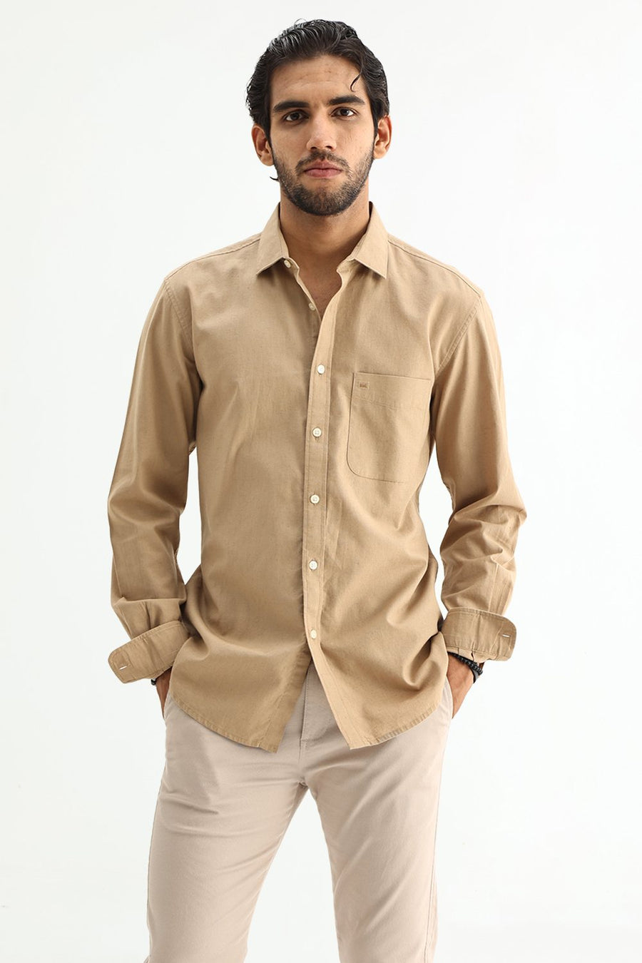 BASICS SLIM FIT BLUE COTTON LINEN SHIRT