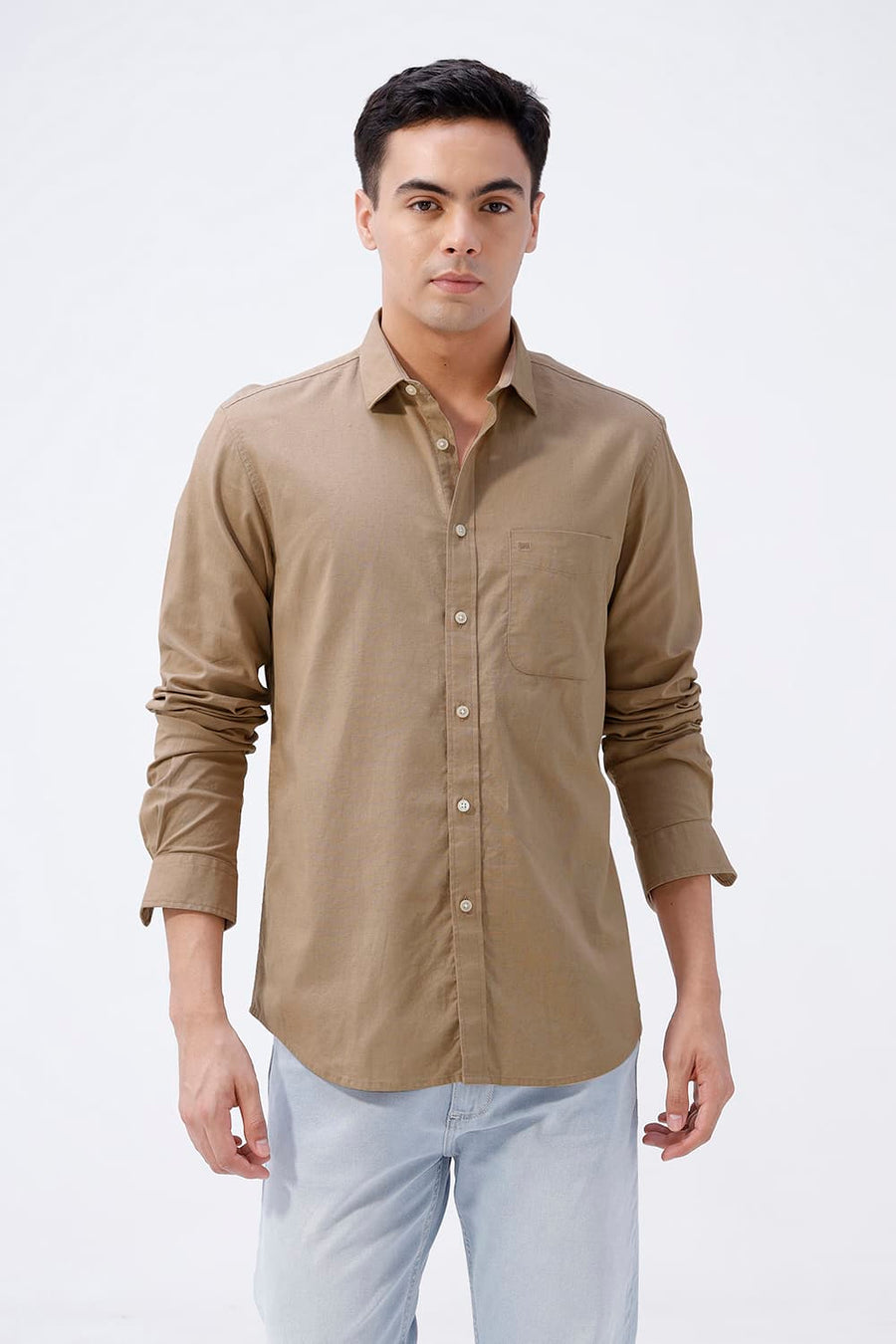 BASICS SLIM FIT BLUE COTTON LINEN SHIRT